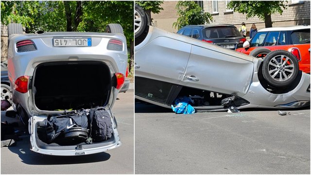 Vaizdai iš įvykio vietos: Vilniuje ant stogo apvirtus automobiliui paaiškėjo – vairuotojas neblaivus