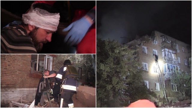 Vaizdai iš naktinės rusų atakos Charkive: žmonės lipo pro namų langus