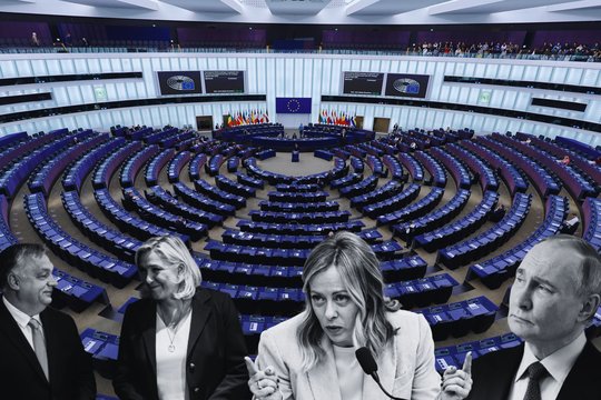 Europos Parlamentas, M. Le Pen, V. Orbanas, G. Meloni, V. Putinas.