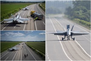 Šveicarijoje ant greitkelio leidosi naikintuvai