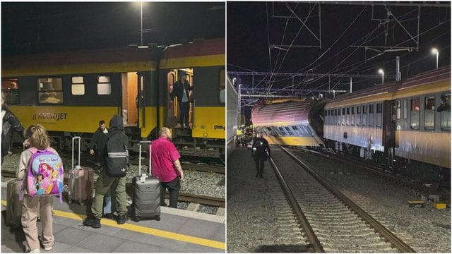 Užfiksuotos traukinių nelaimės Čekijoje akimirkos: vagonui nulėkus nuo bėgių evakuojami keleiviai
