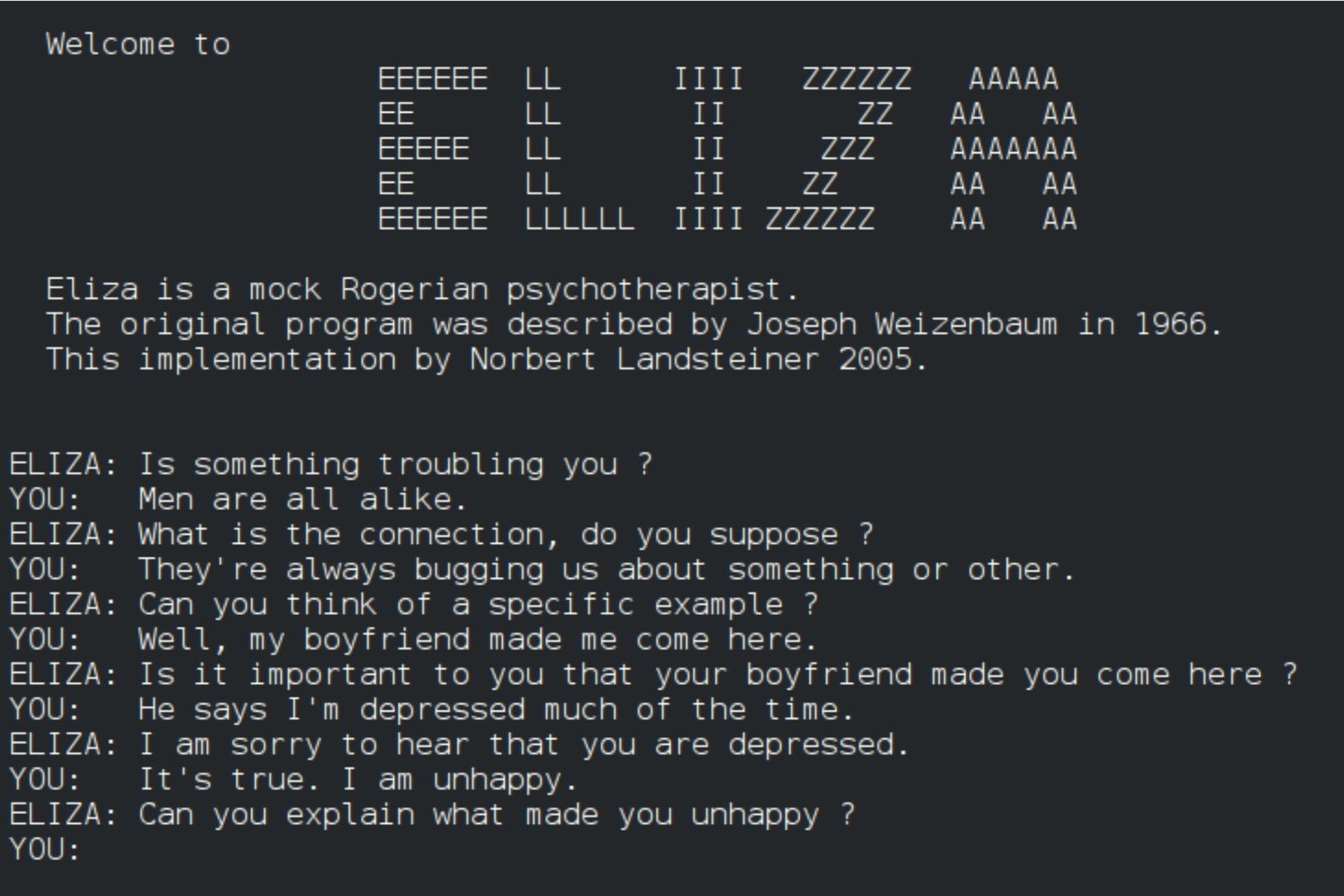 Pokalbis su pirmuoju pokalbių robotu „ELIZA“.<br>Wikimedia commons.