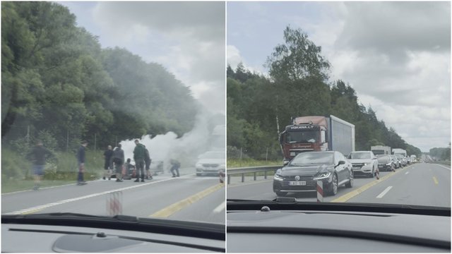 Užfiksavo incidentą kelyje Vilnius-Kaunas: užsidegė BMW automobilis, formuojasi spūstys