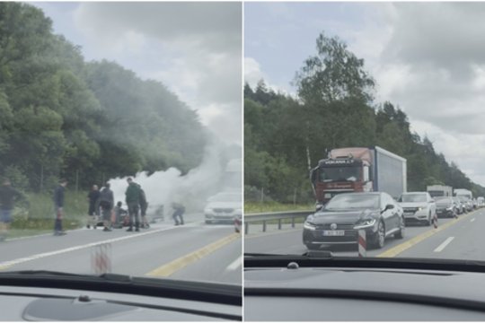 Užfiksavo incidentą kelyje Vilnius-Kaunas: užsidegė BMW automobilis, formuojasi spūstys
