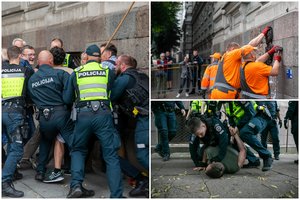 Vilniaus centre aidėjo „gėda“, „rašistai“, „vatnikai“: nukabinant K. Škirpos atminimo lentą, policijai teko panaudoti jėgą