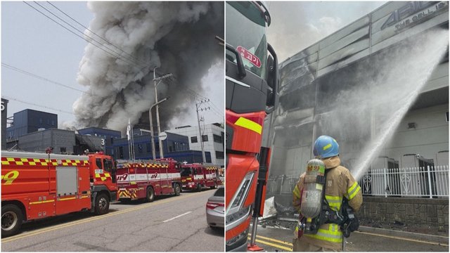 Vaizdai iš gaisro Pietų Korėjoje: užsiliepsnojus ličio baterijų fabrikui žuvo apie 20 žmonių