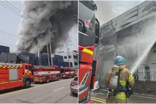 Vaizdai iš gaisro Pietų Korėjoje: užsiliepsnojus ličio baterijų fabrikui žuvo apie 20 žmonių