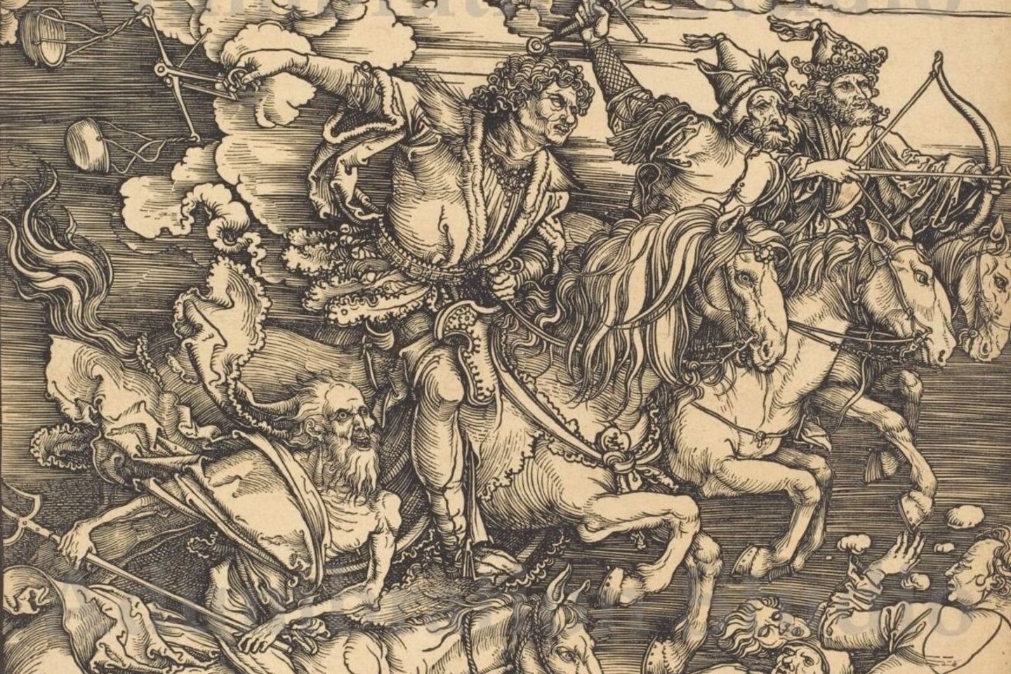 Albrechto Dürerio „Apokalipsės“ ciklo darbas – „Keturi apokalipsės raiteliai“ (fragmentas).<br>M.Kaminsko nuotr.