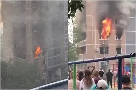  Galingas sprogimas Rusijoje: Uljanovske liepsnoja daugiabutis, žuvo mažiausiai 3 žmonės.
