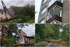 Audros padariniai Kauno regione: vėjas plėšė balkonus, medžiai virto ant kotedžų, privačių namų, automobilių ir kelių
