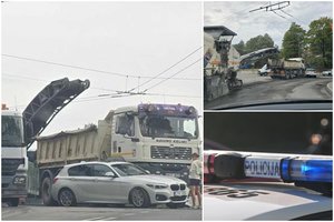 Kaune – avarija tarp „BMW“ ir krovininio automobilio: sutrikdė kelininkų darbą, formavosi spūstys