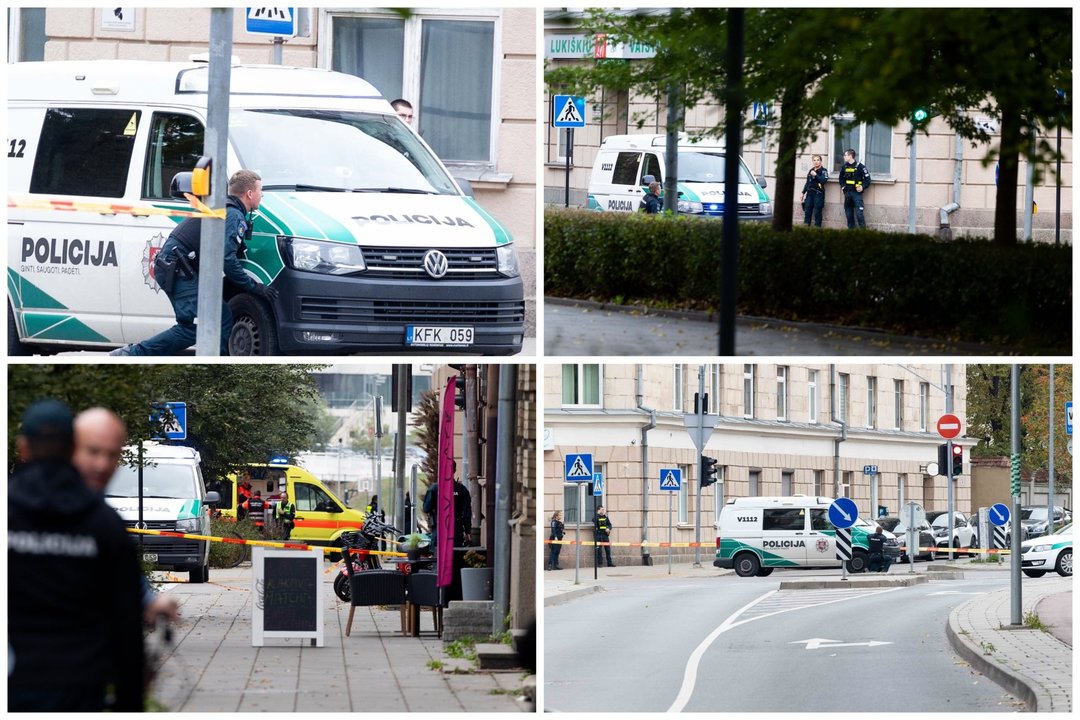  Kadrai iš Vilniaus centro po šūvių į pareigūnus.<br> lrytas.lt koliažas.