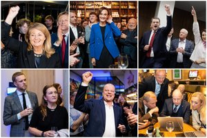 Nuo šokių, dainų, bučinių, keliamų bokalų iki gedulingų pietų atmosferos: ką pamatėme partijų štabuose?