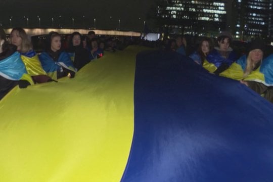 1000-oji karo Ukrainoje diena paminėta protestais: Vokietija nusidažė geltona ir mėlyna spalvomis