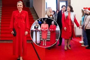 Besilaukianti V. Benkunskienė ir pirmoji ponia D. Nausėdienė žino, kaip puoštis: ant raudono kilimo suspindo ryškiai
