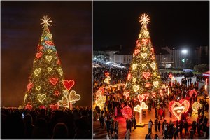 Marijampolėje sužibo didinga Kalėdų eglė, apsupta tūkstančių žėrinčių švieselių