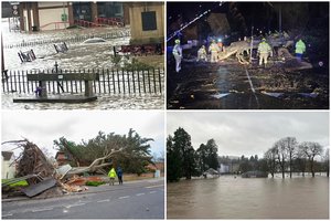 Košmariški vaizdai iš Jungtinės Karalystės: vėjas vieną po kito verčia medžius, gatvės virto upėmis