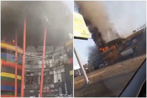 Rusijos prekybos centre – nukritusio drono sukeltas gaisras: į dangų pakilo juodų dūmų stulpas