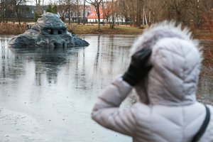  Tvenkinyje mirkstanti gorilos skulptūra kauniečiams kelia šiurpą: kilo įtarimų ir dėl jos atplaišų