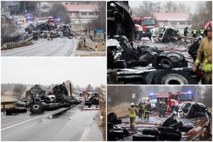 Baisi avarija Vilniaus rajone: į vilkiką rėžėsi „Volvo“, žuvo du žmonės, o sunkiasvoris užsiliepsnojo