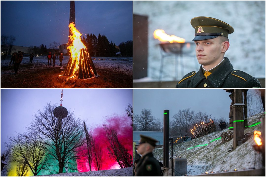  Atminimo laužų uždegimo ceremonija prie Vilniaus televizijos bokšto.<br> Lrytas koliažas.