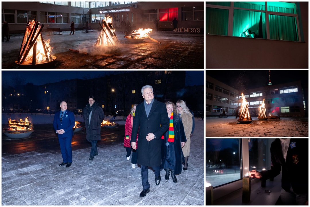  Lietuvos languose – „Pergalės šviesa“: G. Nausėda prisijungė prie iniciatyvos Vilniaus Sausio 13-osios progimnazijoje.<br> Lrytas koliažas