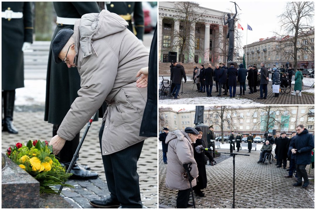 Gėlių padėjimo ceremonija prie Kovo 11-ajai skirto paminklo „Žinia“ .<br> Lrytas koliažas