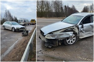 Po dviejų automobilių susidūrimo greta Vilniaus į ligoninę išvežti abu vairuotojai, medikai apžiūrėjo ir du vaikus