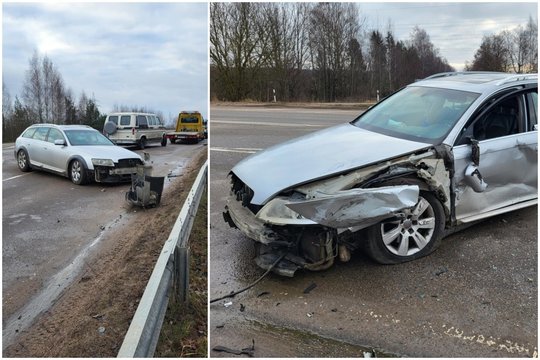 Po dviejų automobilių susidūrimo greta Vilniaus į ligoninę išvežti abu vairuotojai, medikai apžiūrėjo ir du vaikus
