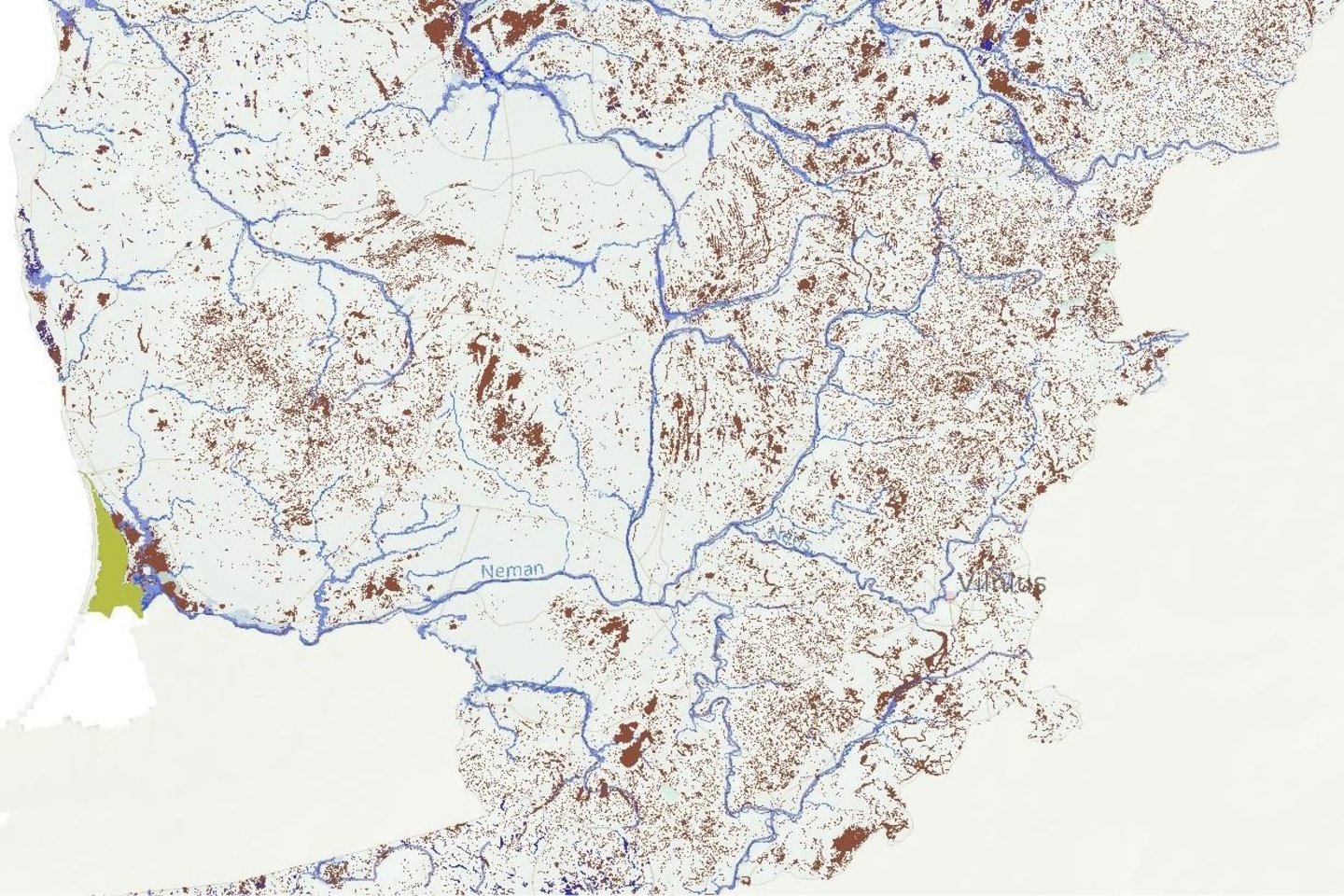 Lietuvos šlapynių žemėlapis.<br> Greifsvaldo pelkių centro iliustr.