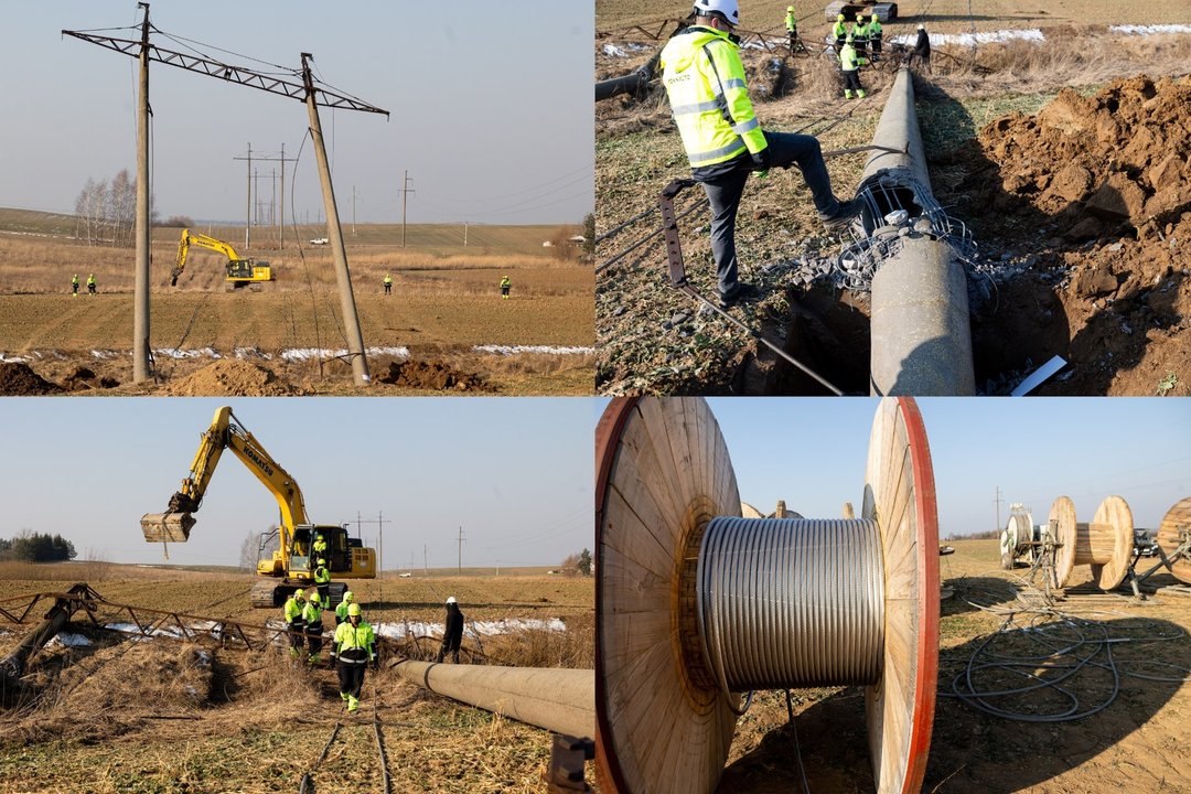 Vos keliolika kilometrų nuo sienos su Rusija, Vilkaviškio rajone esančiame Staugaičių kaime, demontuotos pirmosios elektros perdavimo linijos Kruonio HAE–Sovetskas, jungusios Lietuvą su Kaliningrado sritimi, ruožo atramos.<br> Lrytas.lt fotomontažas