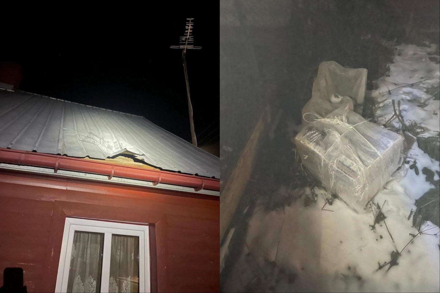 Knyševicų kaime Palenkės vaivadijoje ant vieno iš namų nukrito paketas su nelegaliomis cigaretėmis.<br> S. Nicewicziaus nuotr., Lryto mont.