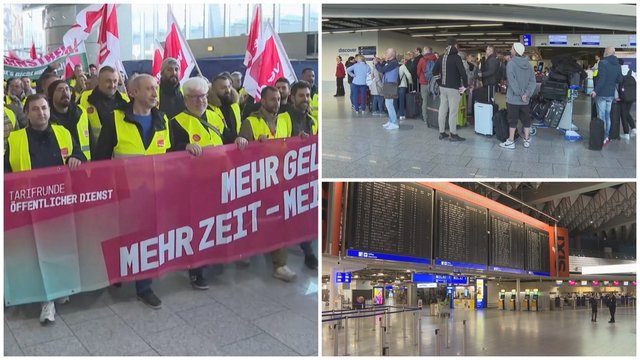 Paslaugų sektoriaus darbuotojai Vokietijoje išėjo į gatves: dėl streiko tūkstančiai įstrigo šalyje