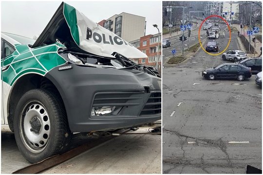 Vilniuje policijos automobilis rėžėsi į stabdomą „Range Rover“ – pareigūnų mašiną teko kelti ant techninės pagalbos sunkvežimio