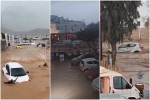 Turistų mylimos Graikijos salos skęsta: gatvės virto upėmis, potvyniai plukdo automobilius