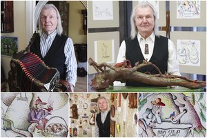 89-erių dzūkas piešia karikatūras, griežia armonika ir drožia: „Jau ruošiu sau paminklą ant kapų“