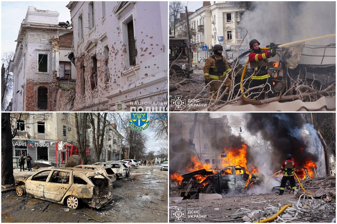 Raketų smūgis Sumuose.<br>Lrytas koliažas.