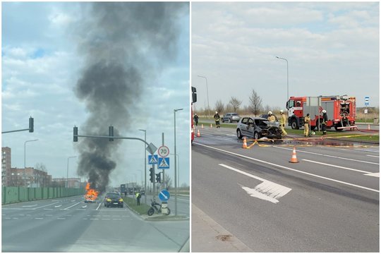 Po trijų automobilių susidūrimo Klaipėdoje užsiliepsnojo ir visiškai sudegė „VW Golf“