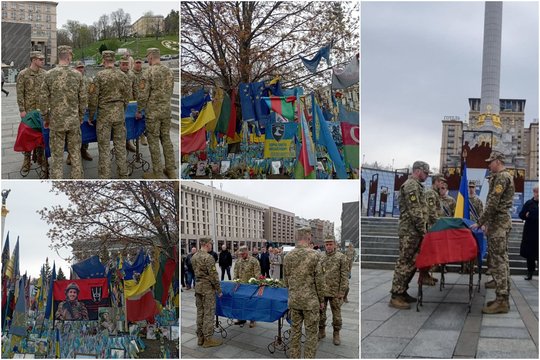 Kyjive atsisveikinama su fronte žuvusiu T. Valentėliu: lietuvis pagerbtas iškilmingoje ceremonijoje