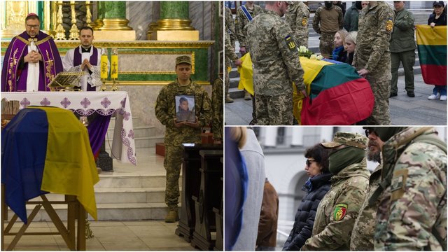 Vaizdai iš iškilmingos atsisveikinimo ceremonijos: pagerbtas fronte žuvęs T. Valentėlis