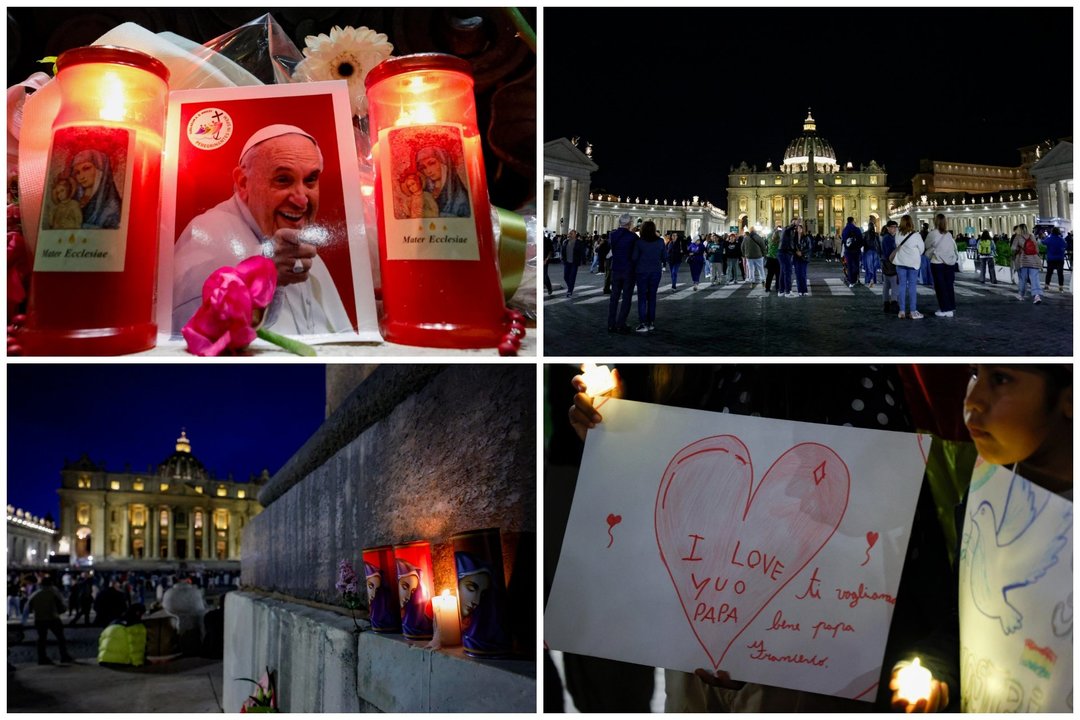  Gedulas dėl popiežiaus Pranciškaus mirties. Šv. Petro aikštė.<br> Lrytas montažas.