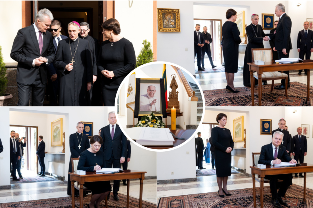 G. Nausėda ir D. Nausėdienė pagerbė popiežiaus Pranciškaus atminimą.<br> Lrytas koliažas