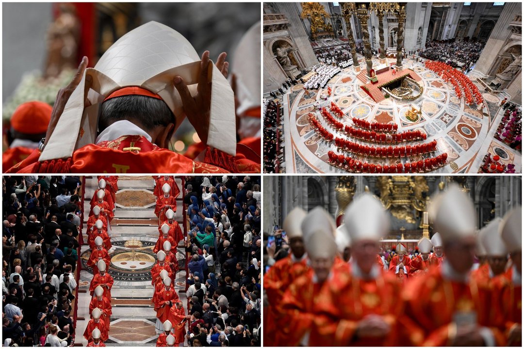  Popiežiaus rinkimai. Konklava. Kardinolai renkasi į specialiąsias mišias ir konklavos pradžiai Šv. Petro bazilikoje Vatikane.<br> Lrytas koliažas.