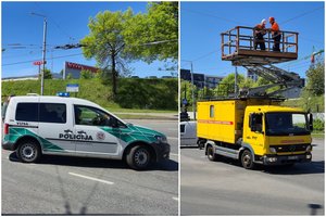 Judrioje Vilniaus sankryžoje nutraukti troleibuso laidai, policija vairuotojus ragina ieškotis aplinkkelių