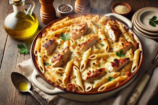 Makaronų apkepas su vištiena – jaukumo porcija vienoje lėkštėje