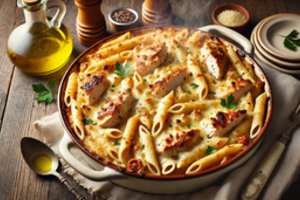 Makaronų apkepas su vištiena – jaukumo porcija vienoje lėkštėje