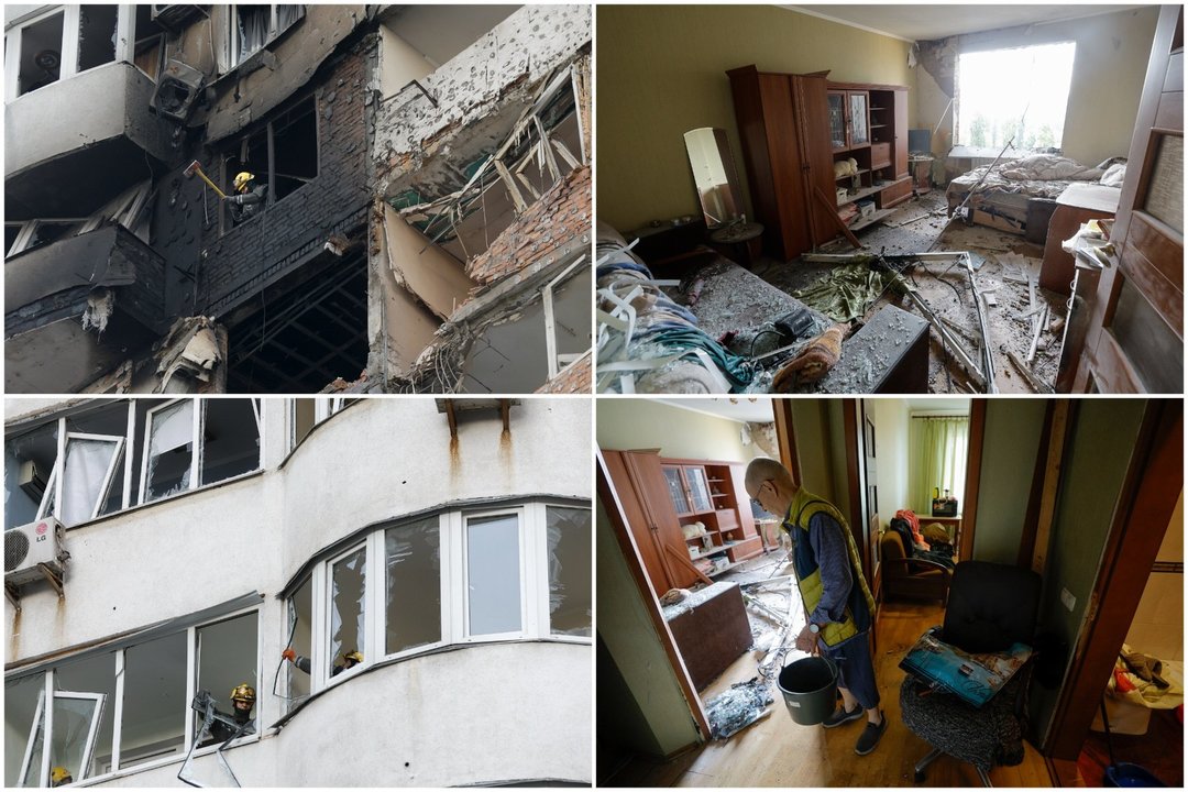 Skylės daugiabučiuose ir sugriauti žmonių gyvenimai: kaip atrodo Kyjivas po siaubingos Rusijos atakos