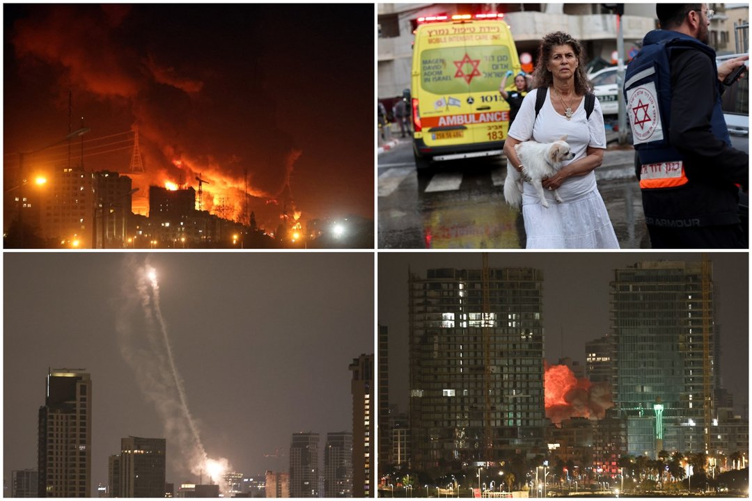  Izraelio ir Irano konflikto kadrai.<br> Lrytas koliažas.