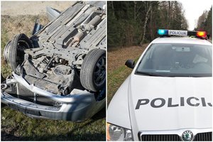 Šalčininkų r. nuskridęs nuo kelio apsivertė automobilis BMW