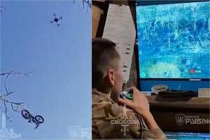 Neįtikėtinas ukrainiečių išradingumas: į pagalbą apsuptam kariui atvyko dronas su elektriniu dviračiu  